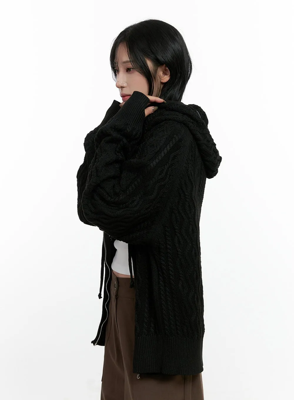 Cable Knit Zip-Up Hooded Sweater Cardigan CN411