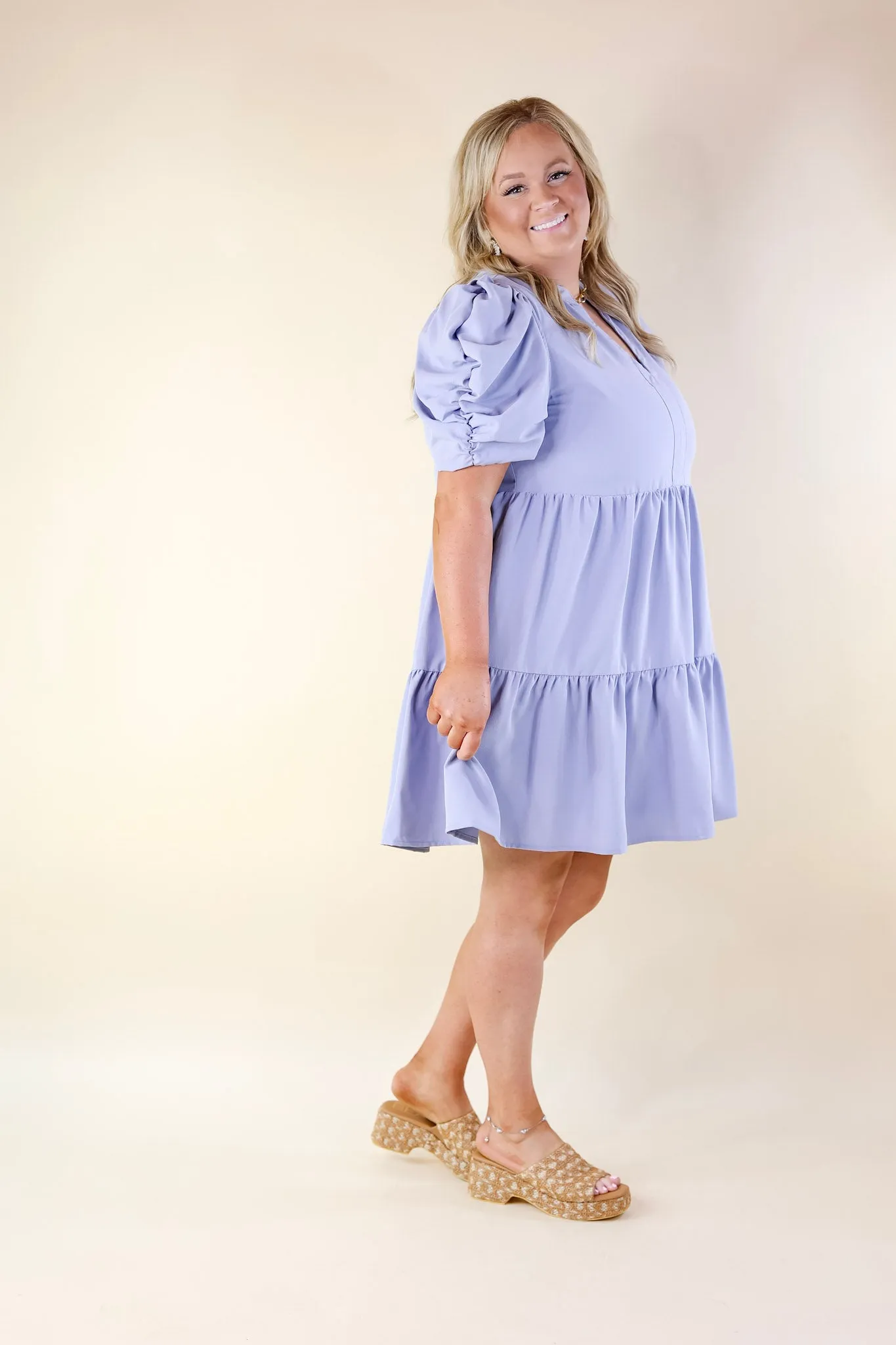 Call Me Chic Balloon Sleeve Short Dress in Chambray Blue