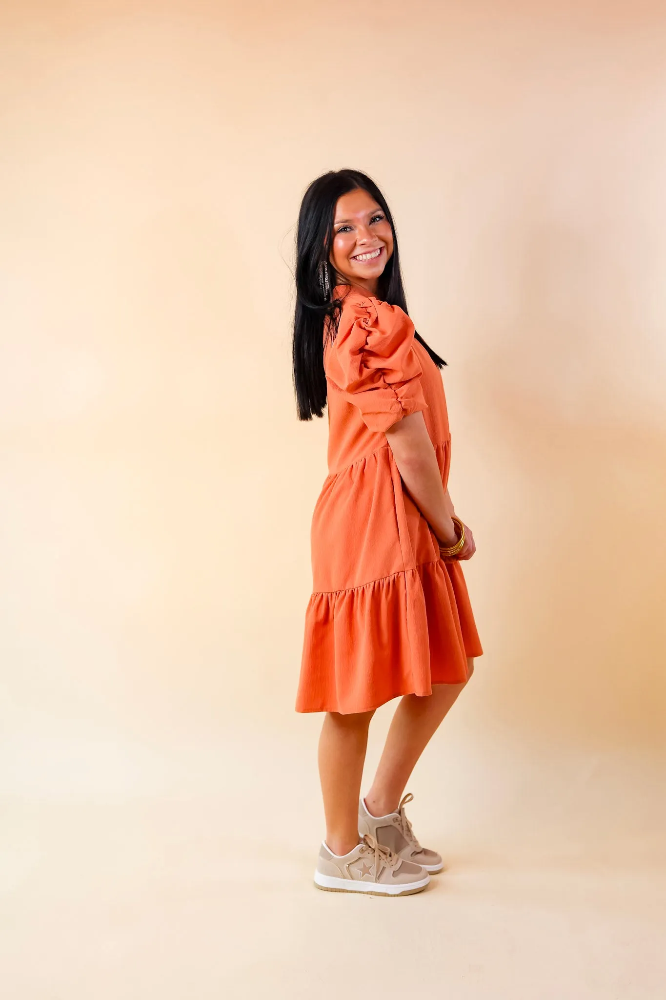 Call Me Chic Balloon Sleeve Short Dress in Salmon Orange