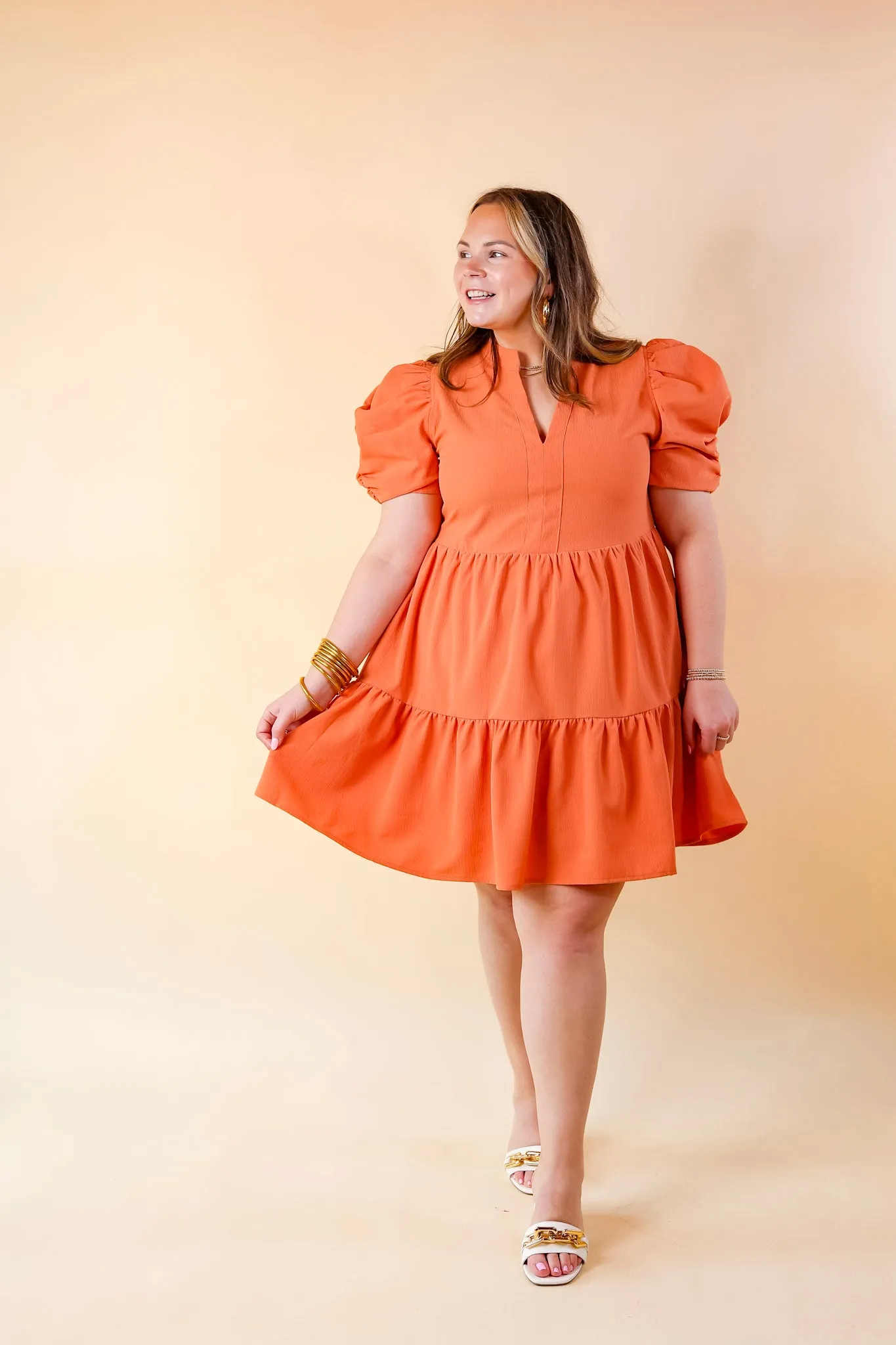 Call Me Chic Balloon Sleeve Short Dress in Salmon Orange