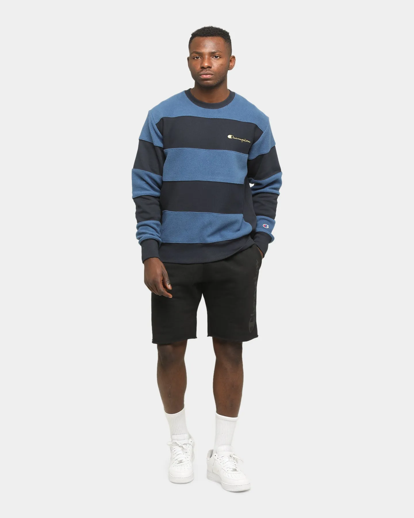 Champion Rev Weave Panel Stripe Crew Navy