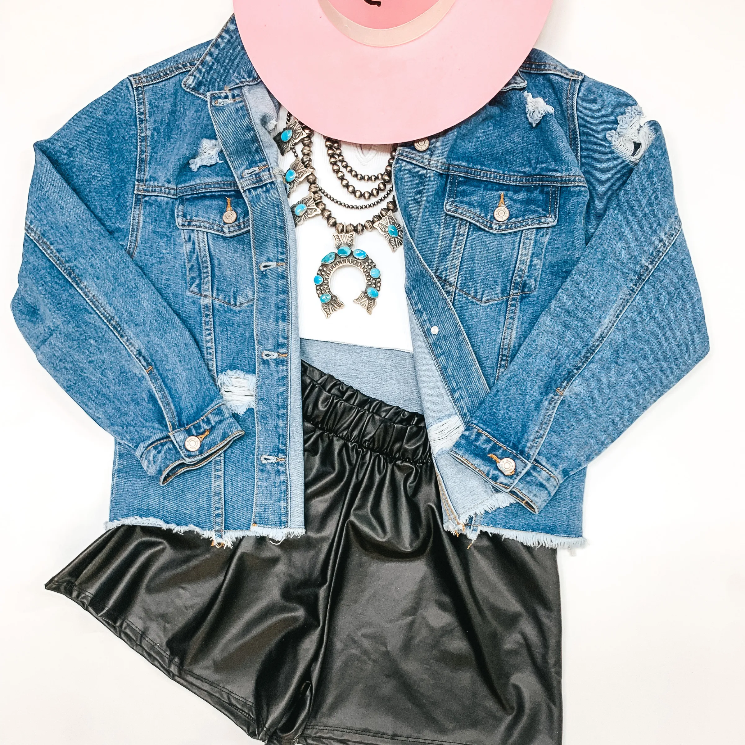 Chic Needs Button Up Cropped Denim Jacket in Medium Wash