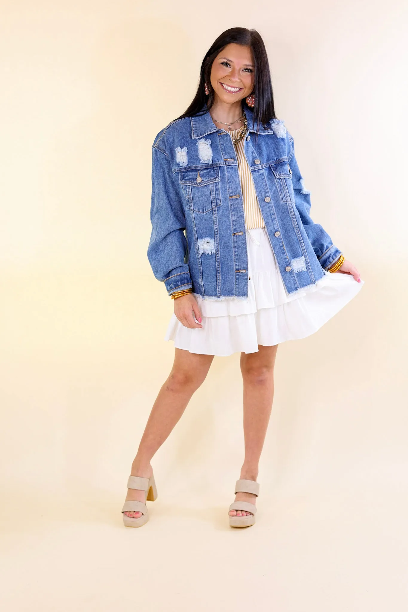 Chic Needs Button Up Cropped Denim Jacket in Medium Wash