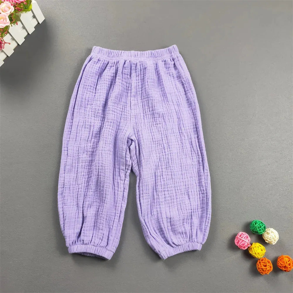 Children's Clothing Summer Boys And Girls Cotton Pleated Loose Pants Girls Casual Solid Color Breathable Pants