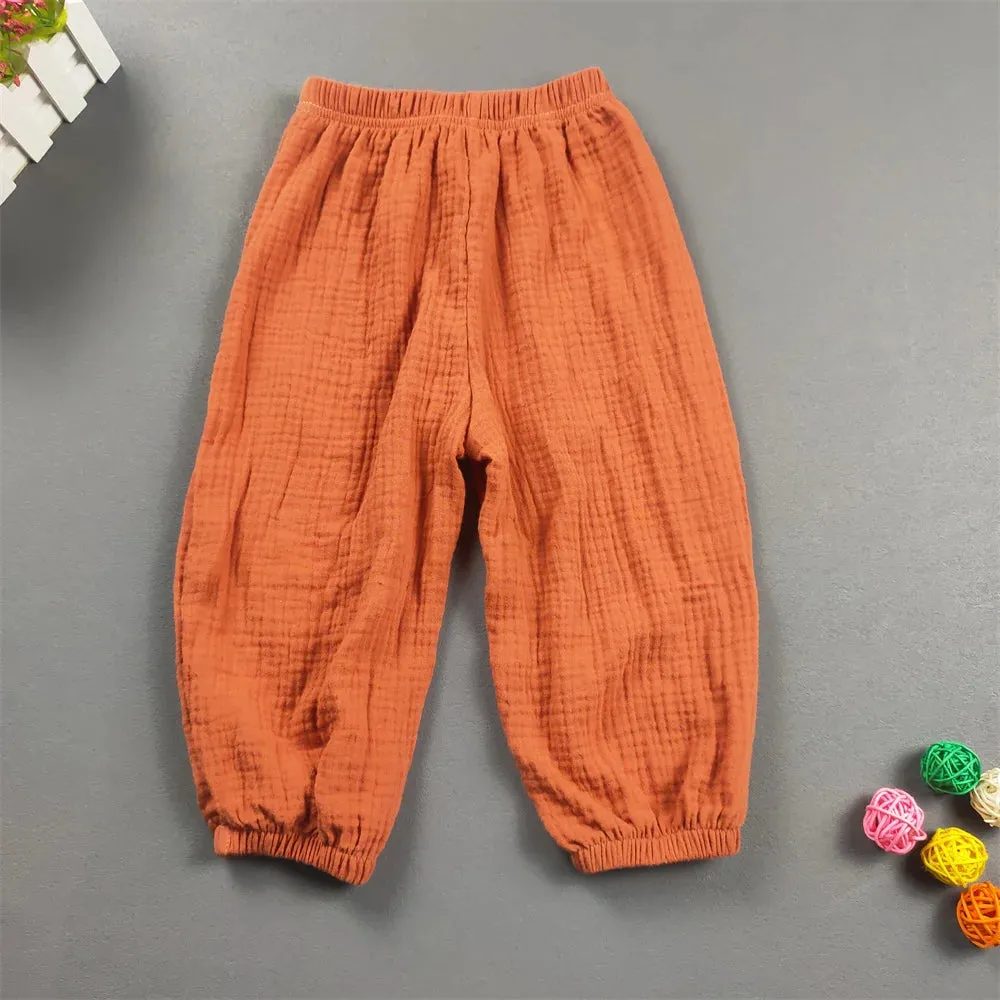 Children's Clothing Summer Boys And Girls Cotton Pleated Loose Pants Girls Casual Solid Color Breathable Pants