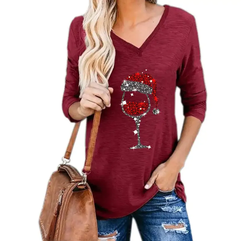 Christmas Wine Glass Print Blouse