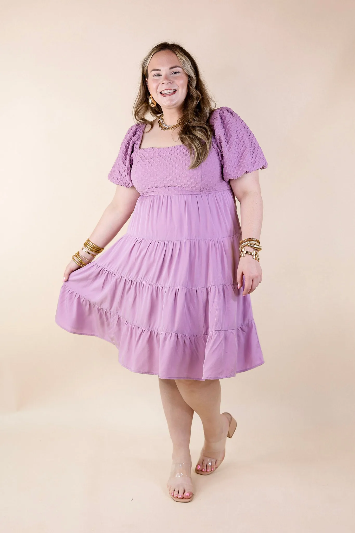 Coastal Cruising Babydoll Dress with Short Balloon Sleeves in Lavender Purple