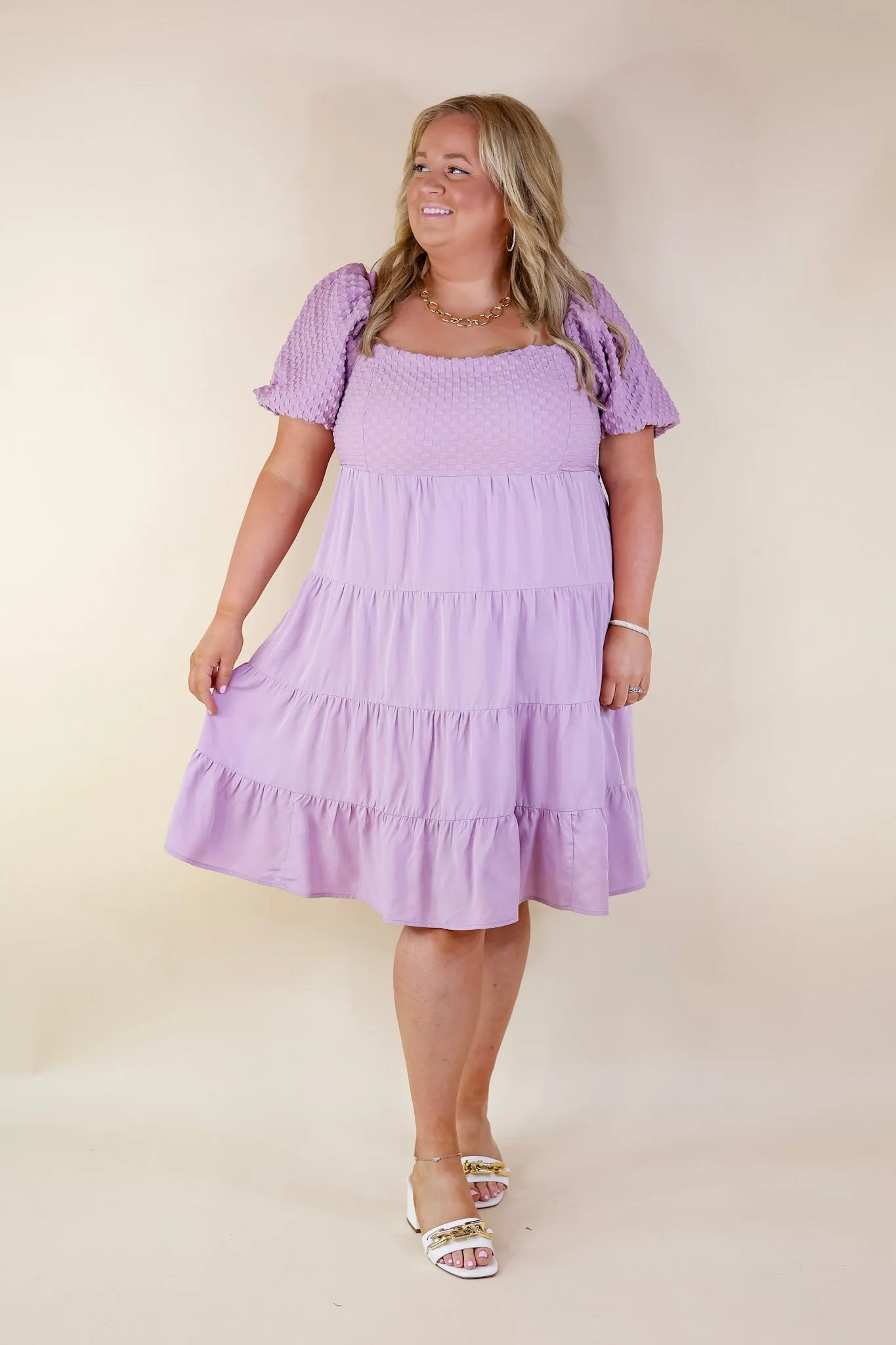 Coastal Cruising Babydoll Dress with Short Balloon Sleeves in Lavender Purple