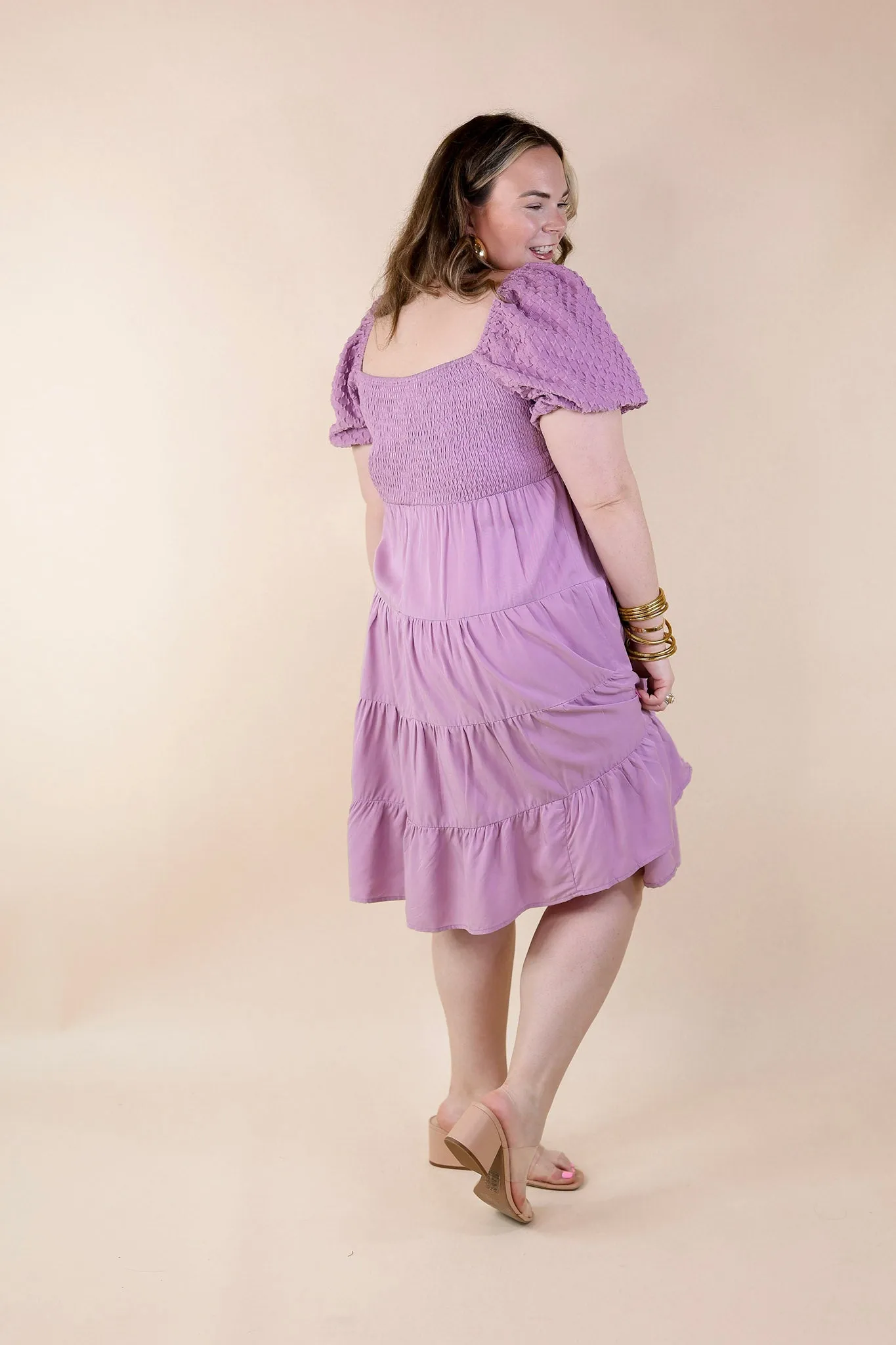 Coastal Cruising Babydoll Dress with Short Balloon Sleeves in Lavender Purple