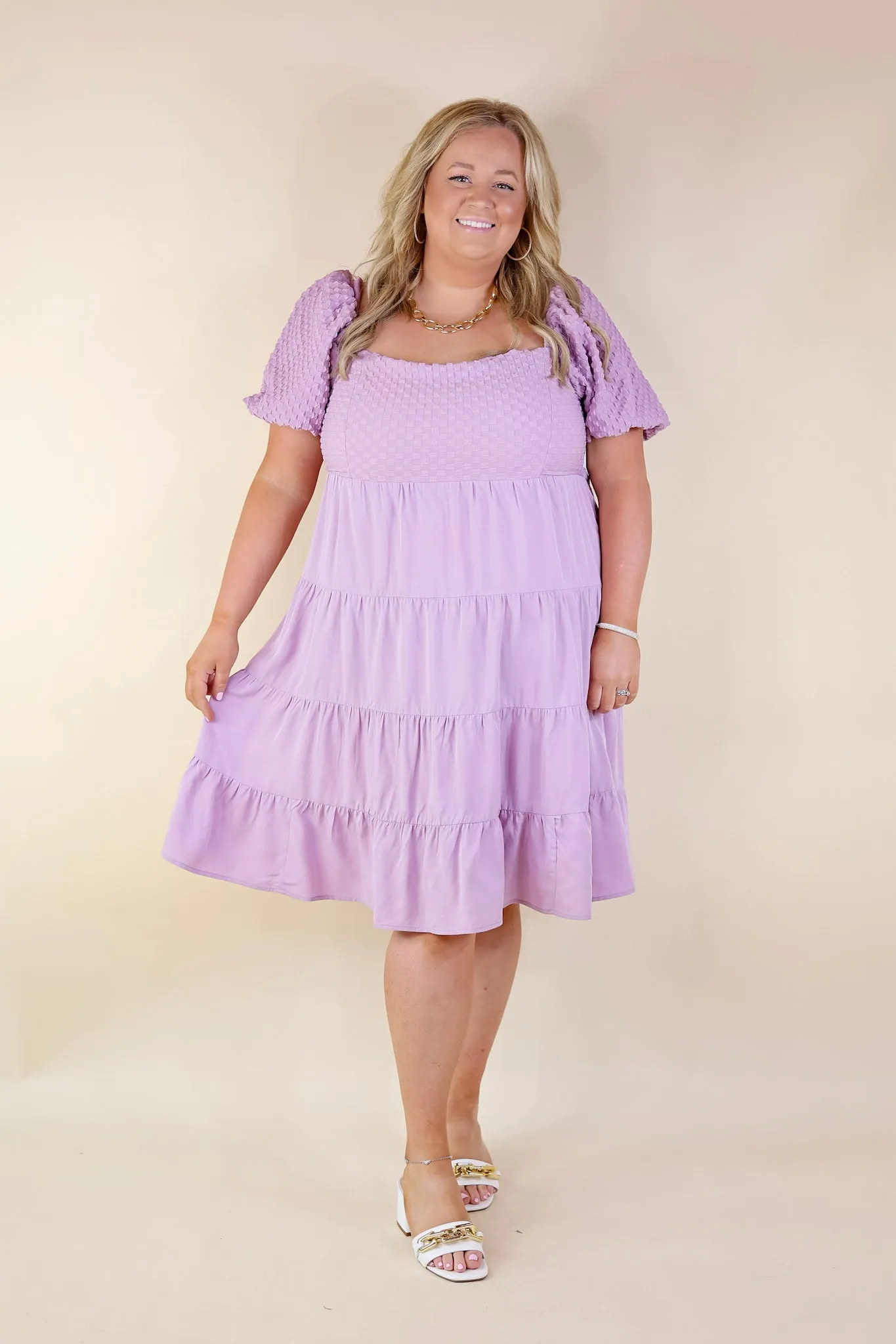 Coastal Cruising Babydoll Dress with Short Balloon Sleeves in Lavender Purple