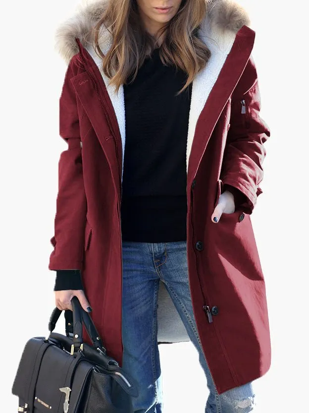 Coats Fur Collar Zip Pocket Hooded Coat for Women