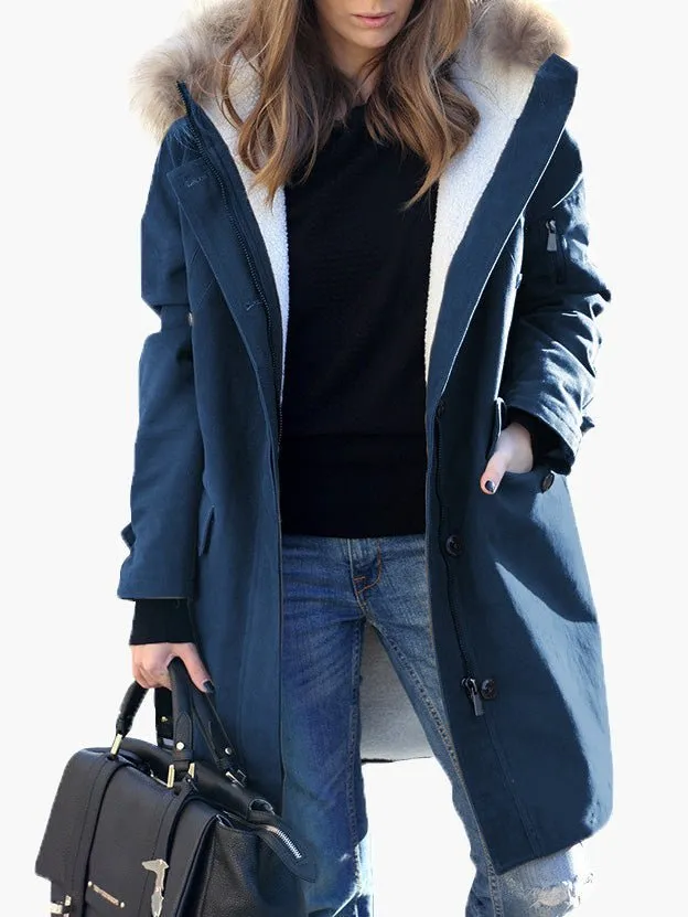 Coats Fur Collar Zip Pocket Hooded Coat for Women