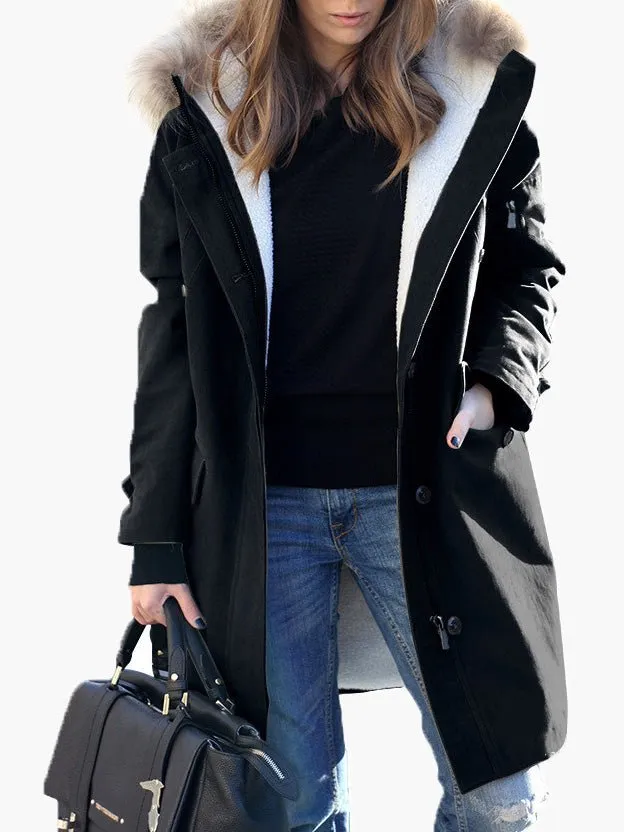 Coats Fur Collar Zip Pocket Hooded Coat for Women