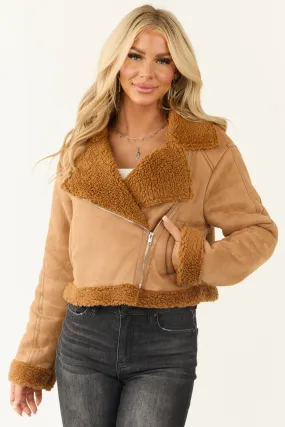 Cognac Sherpa Lined Faux Suede Jacket