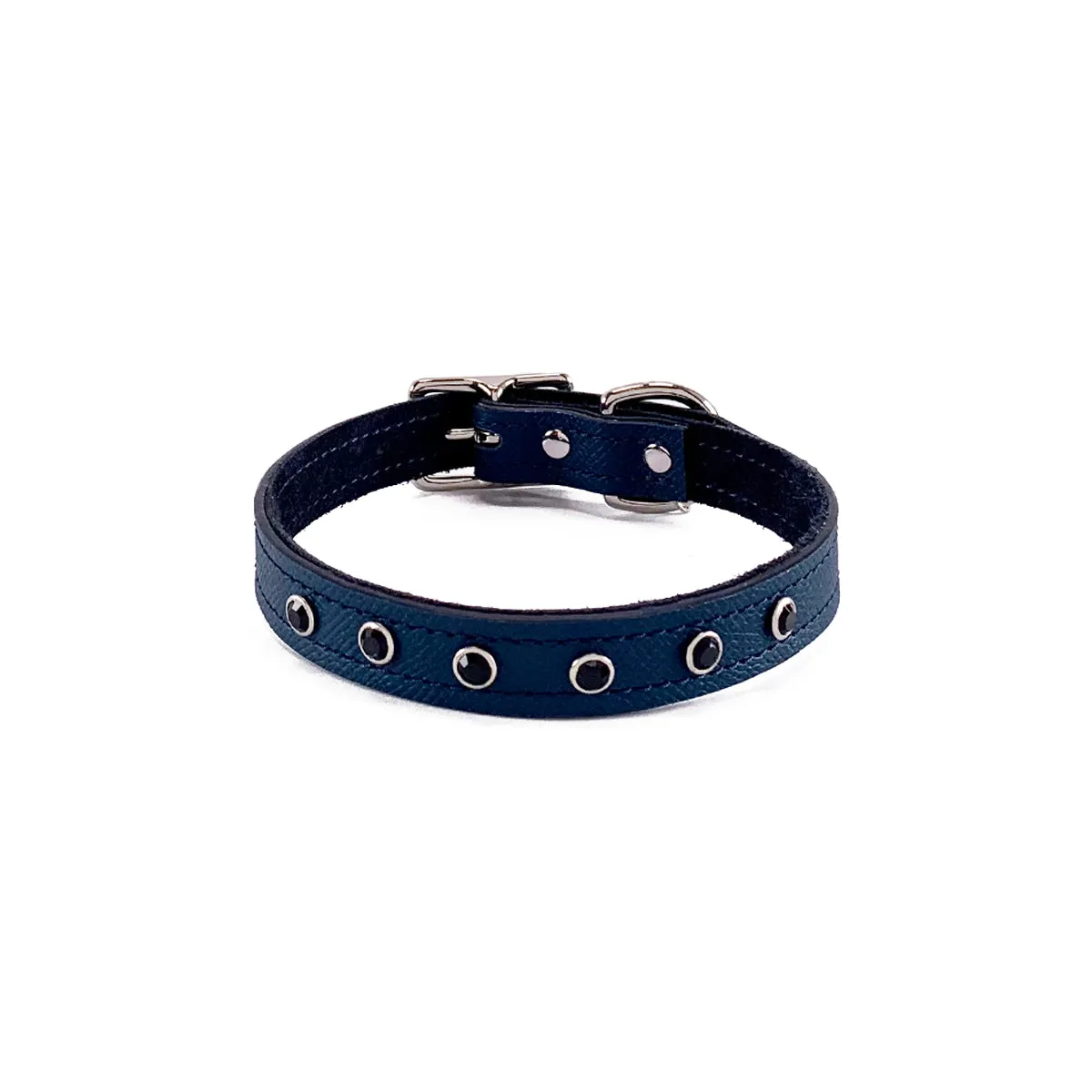 Colima Classic Rhinestone Leather Dog Collar Orion Blue