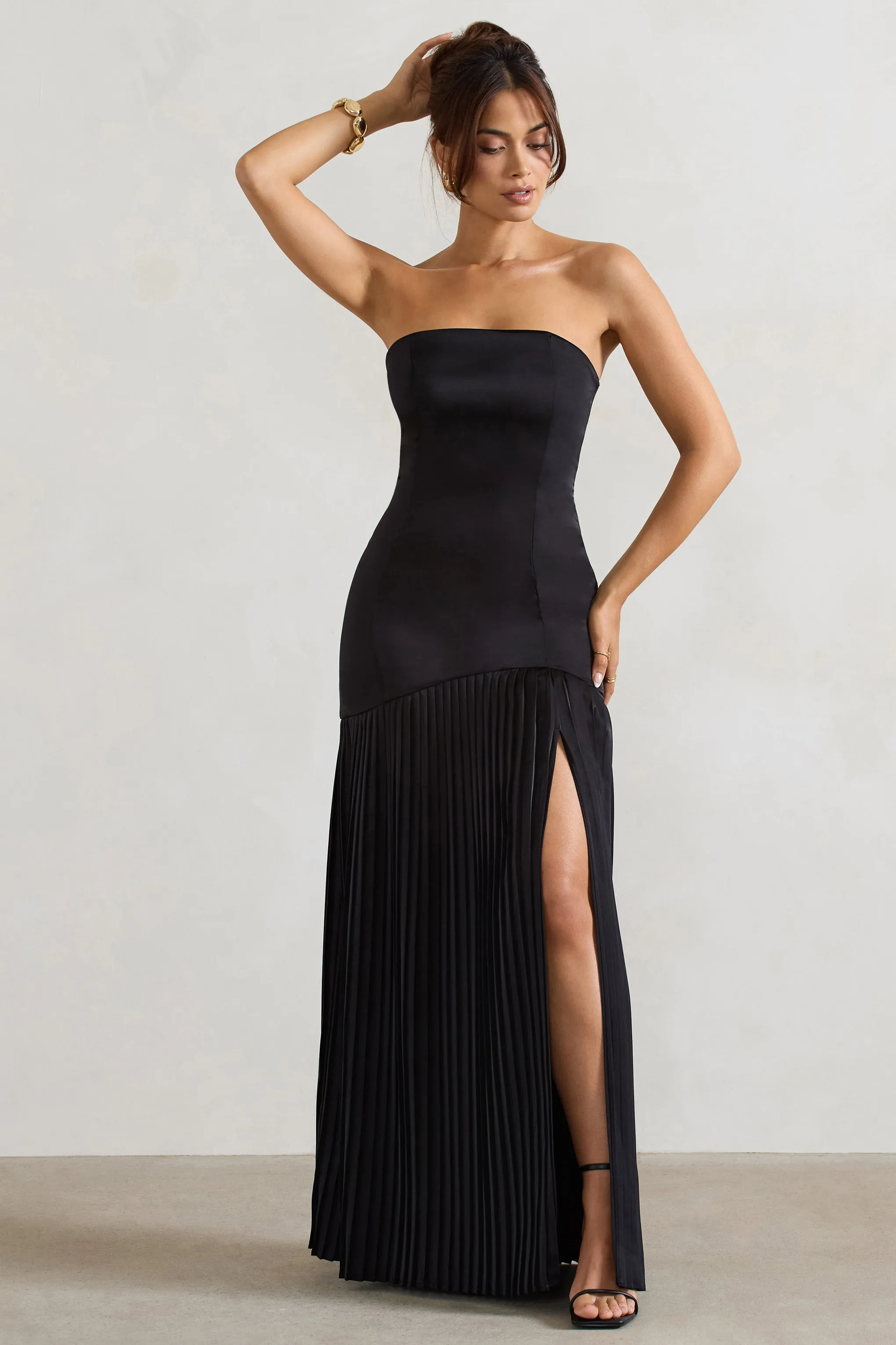 Confidence | Black Satin Bandeau Pleated Split Maxi Dress