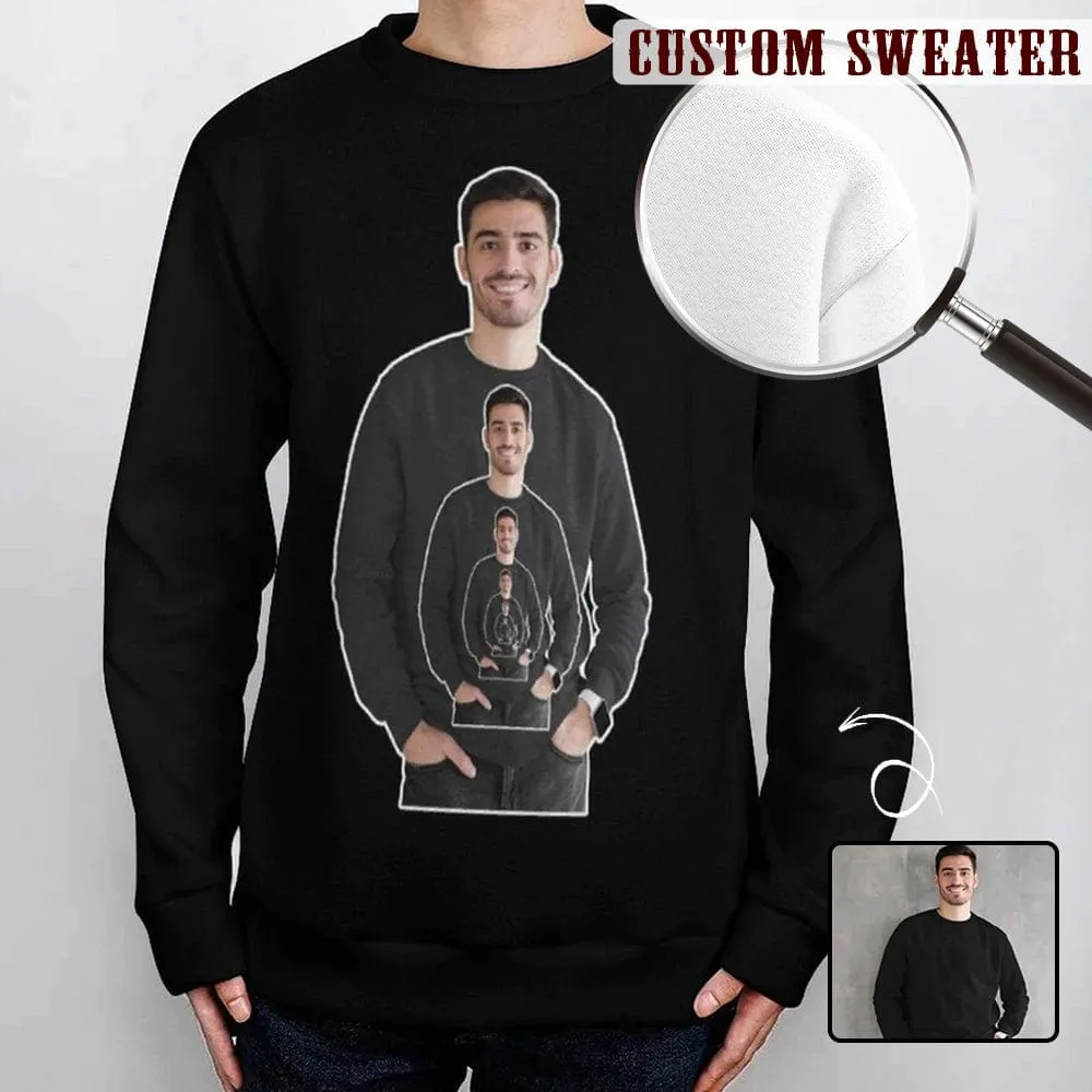 Custom Sweaters Photo Round Neck Men's Black Sweater Design Your Own Sweater Long Sleeve Lightweight Sweater Tops Personalized Ugly Sweater With Photo