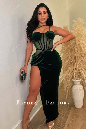 Dark Green Velvet Corset Ankle Length Slit Prom Dress