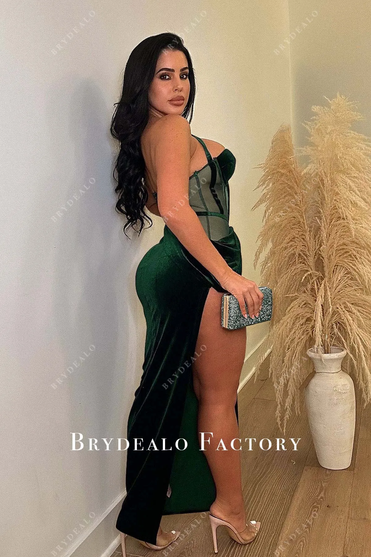 Dark Green Velvet Corset Ankle Length Slit Prom Dress