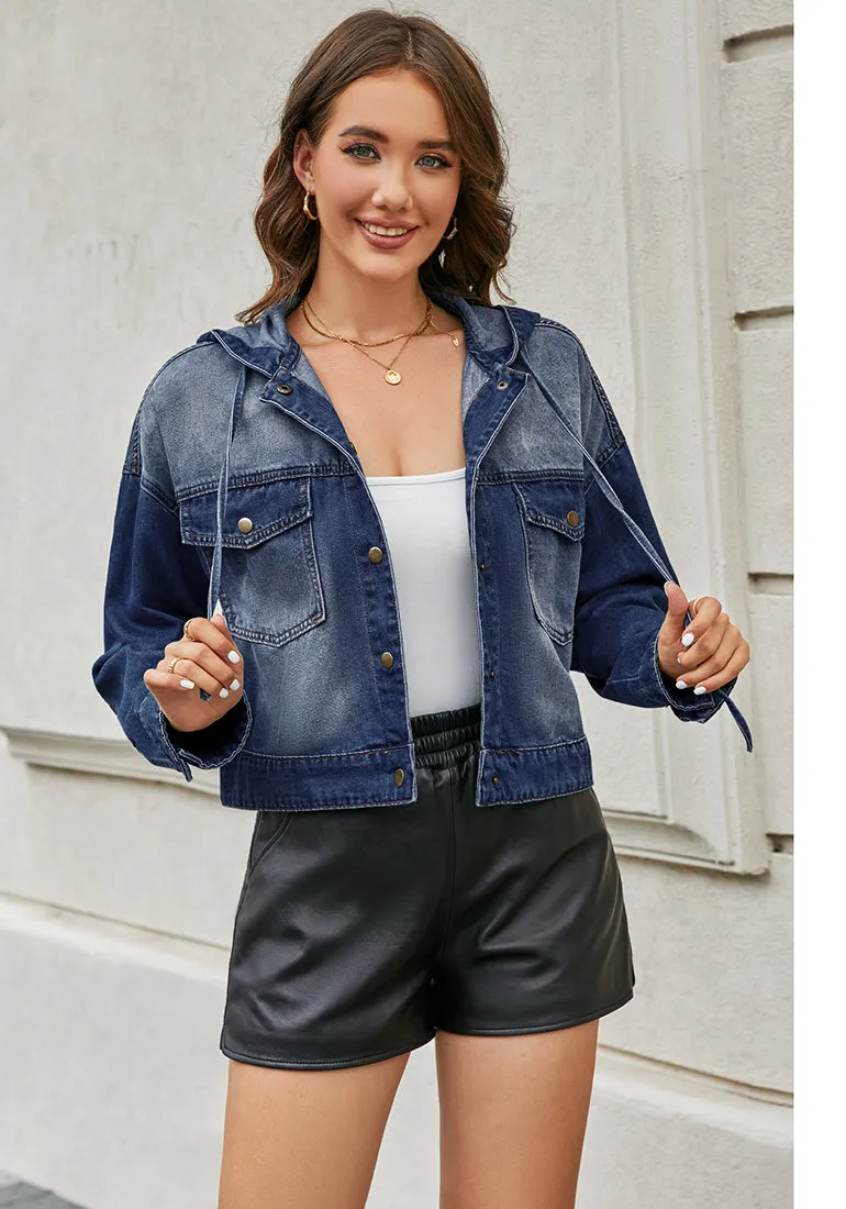 Darkness Blue Women's Denim Jackets Vintage Lightweight Cropped Button Down Jacket