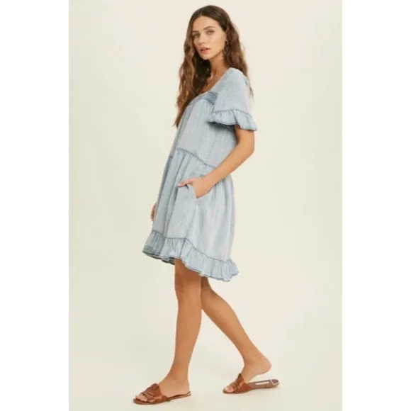 Denim Tencel Square Neck Short Sleeve Ruffle Trim Babydoll Casual Mini Dress