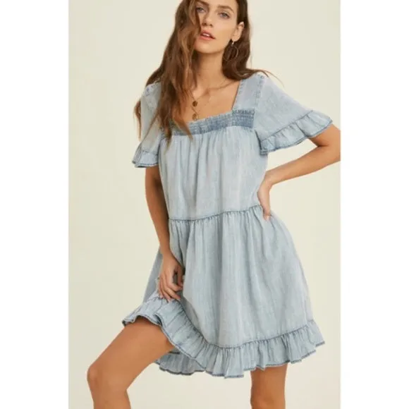 Denim Tencel Square Neck Short Sleeve Ruffle Trim Babydoll Casual Mini Dress