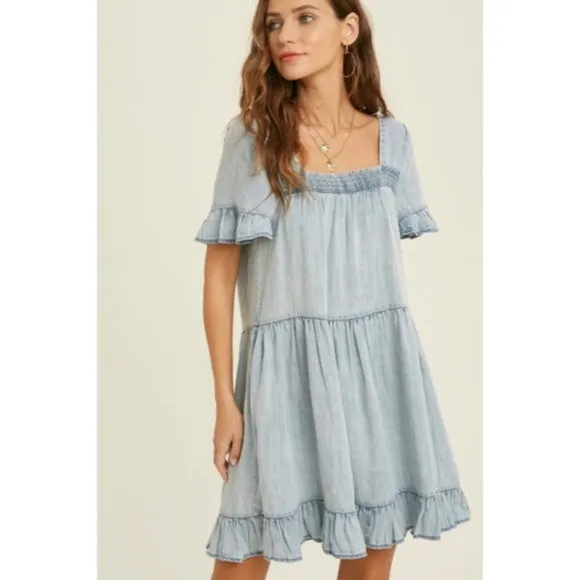 Denim Tencel Square Neck Short Sleeve Ruffle Trim Babydoll Casual Mini Dress