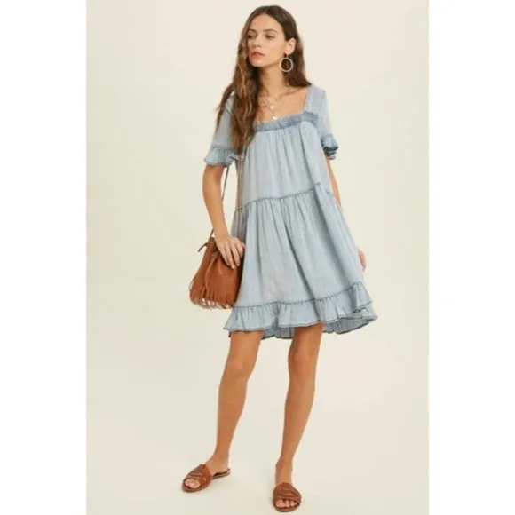 Denim Tencel Square Neck Short Sleeve Ruffle Trim Babydoll Casual Mini Dress