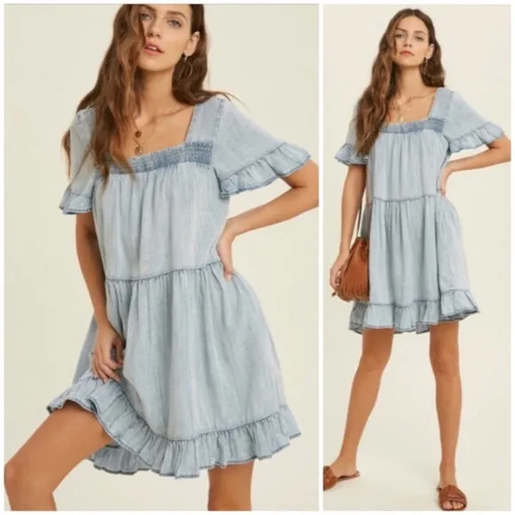 Denim Tencel Square Neck Short Sleeve Ruffle Trim Babydoll Casual Mini Dress