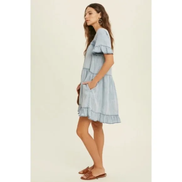 Denim Tencel Square Neck Short Sleeve Ruffle Trim Babydoll Casual Mini Dress