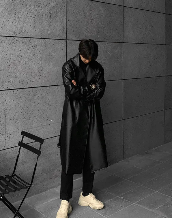 Double Breasted Belt Solid Black Loose Coat