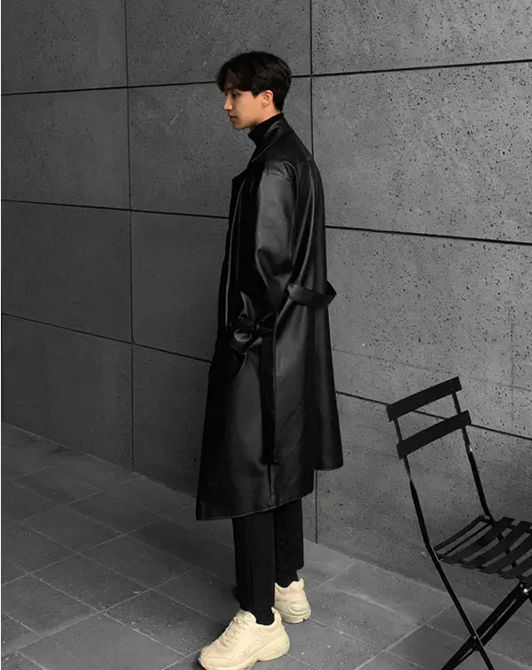 Double Breasted Belt Solid Black Loose Coat