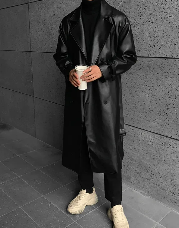 Double Breasted Belt Solid Black Loose Coat