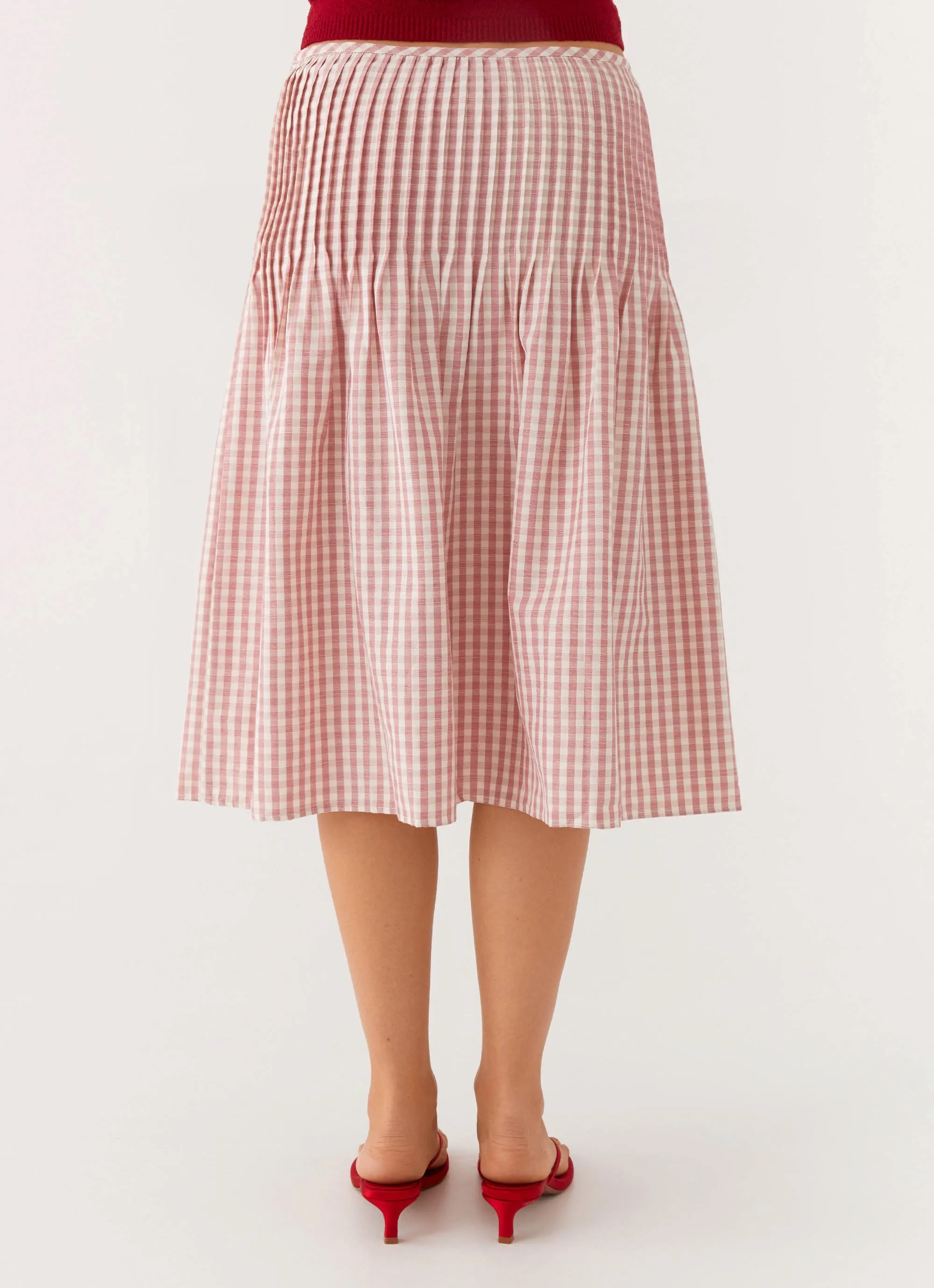 Dreamscape Midi Skirt - Maroon Gingham