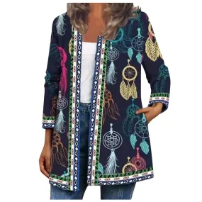 DressBetty - Womens Overcoat Casual Plus Size Leisure Retro Graphic Printed Winter Open Front Long Sleeve Outwear Cardigan Coat Fashion