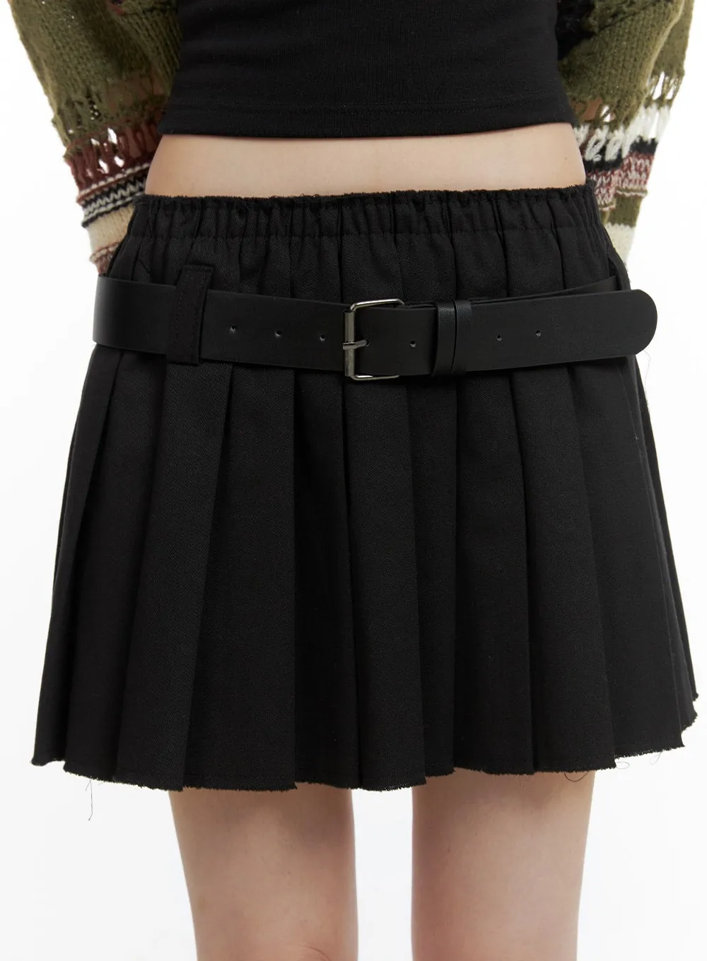 Elastic Waist Pleated Mini Skirt with Belt CA411