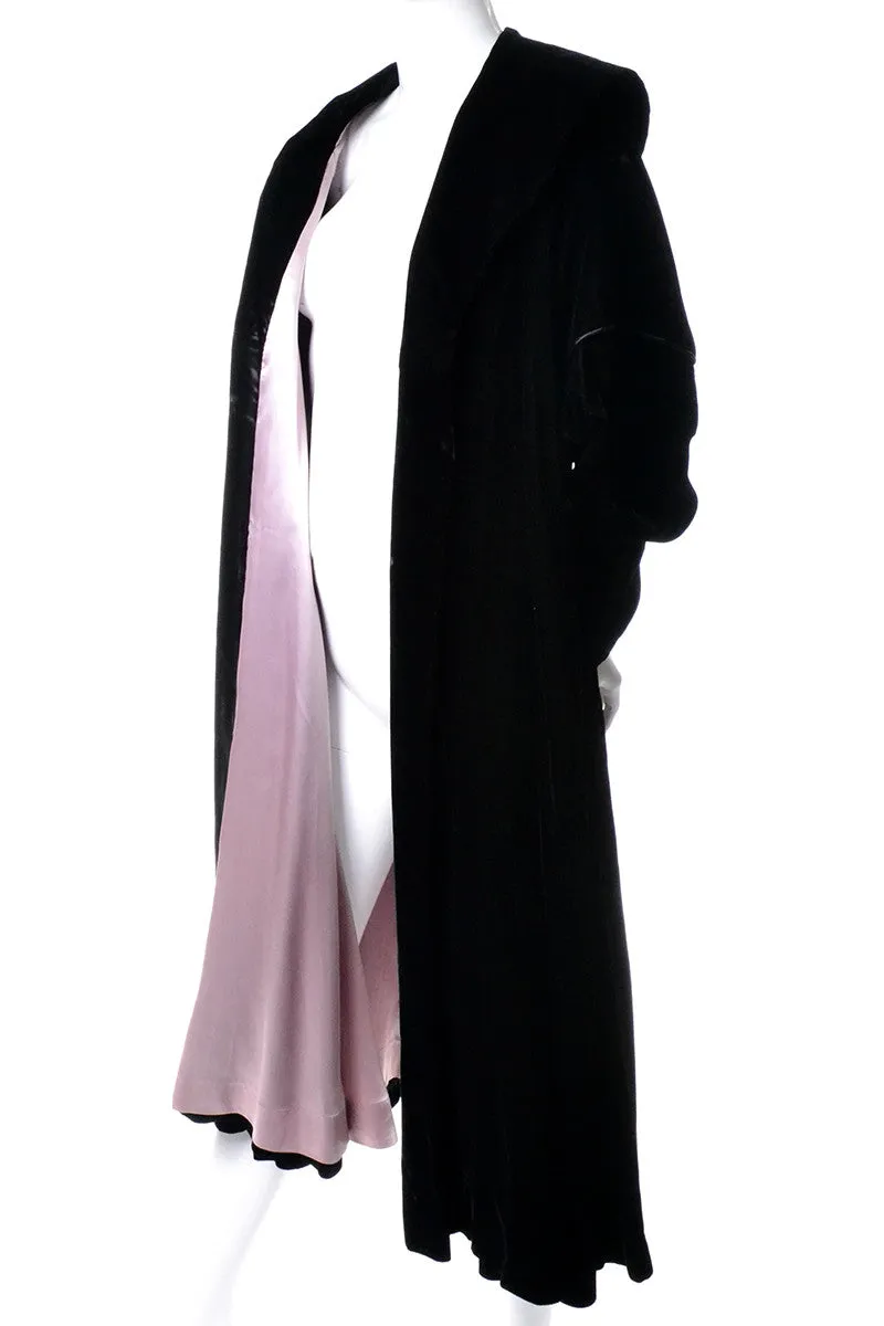 Elegant Evening Black Velvet Vintage Opera Swing Coat Pink Satin Lining