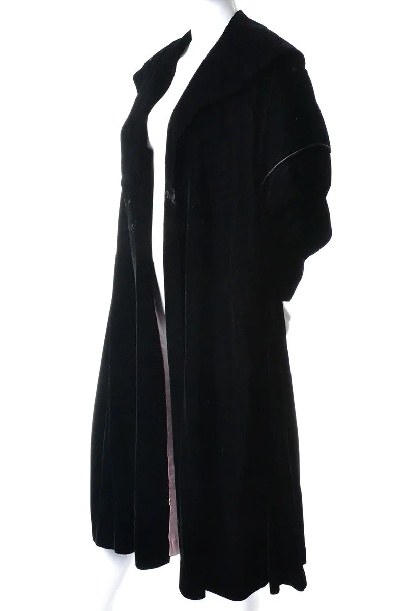 Elegant Evening Black Velvet Vintage Opera Swing Coat Pink Satin Lining