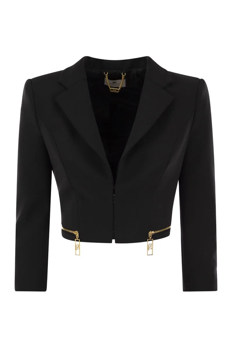 ELISABETTA FRANCHI Chic Cropped Stretch Crepe Jacket with Gold Zip Detail