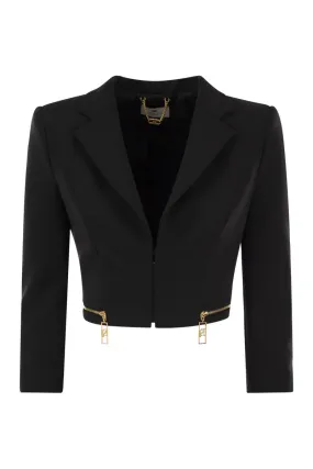 ELISABETTA FRANCHI Chic Cropped Stretch Crepe Jacket with Gold Zip Detail