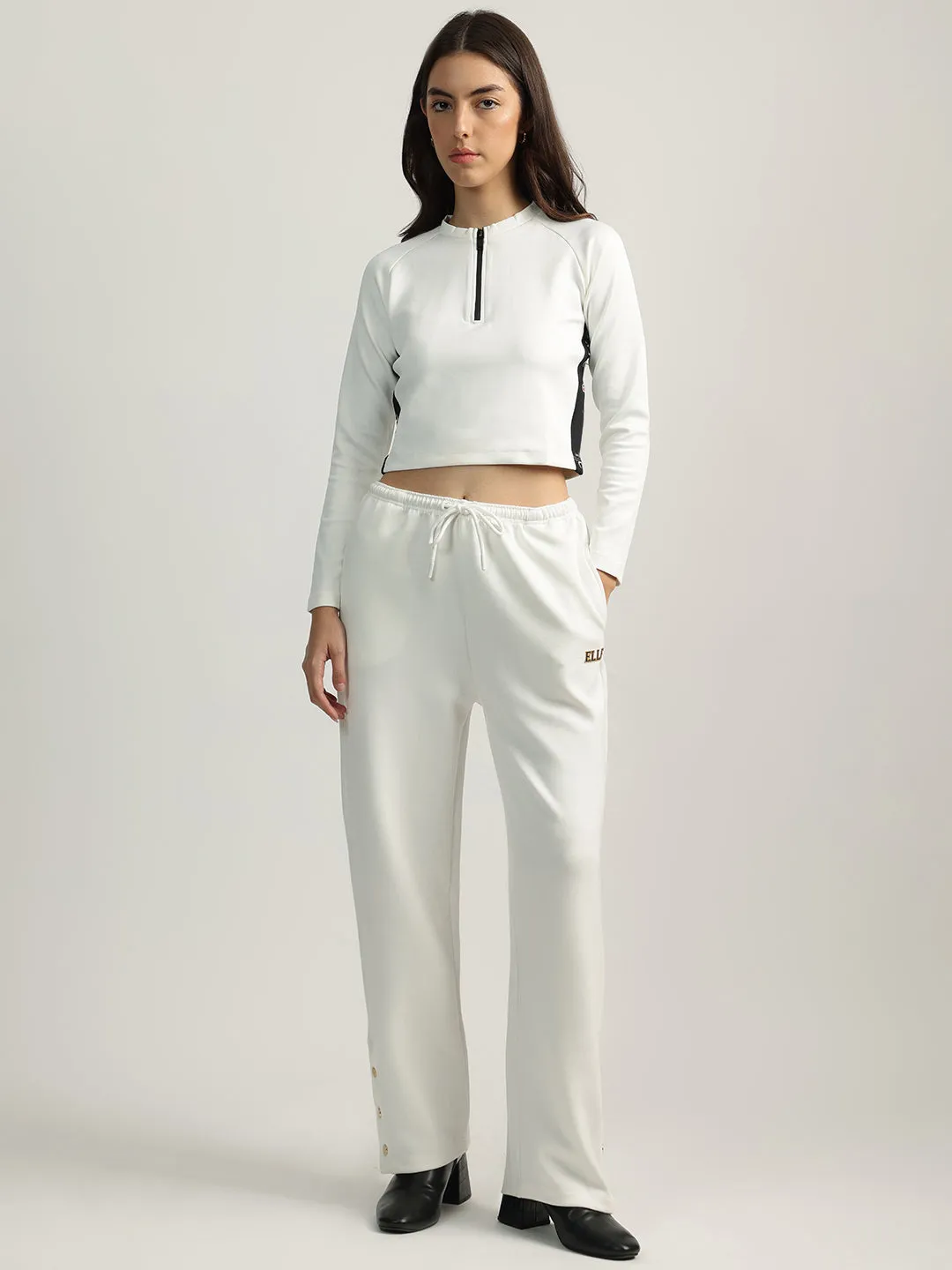 Elle Women White Solid High-Rise Oversized Sweatpant