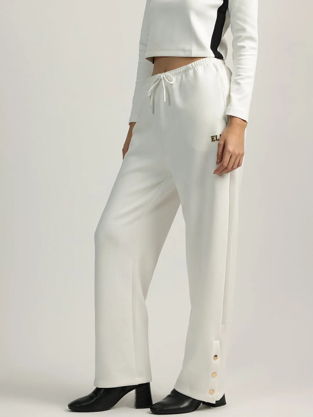 Elle Women White Solid High-Rise Oversized Sweatpant