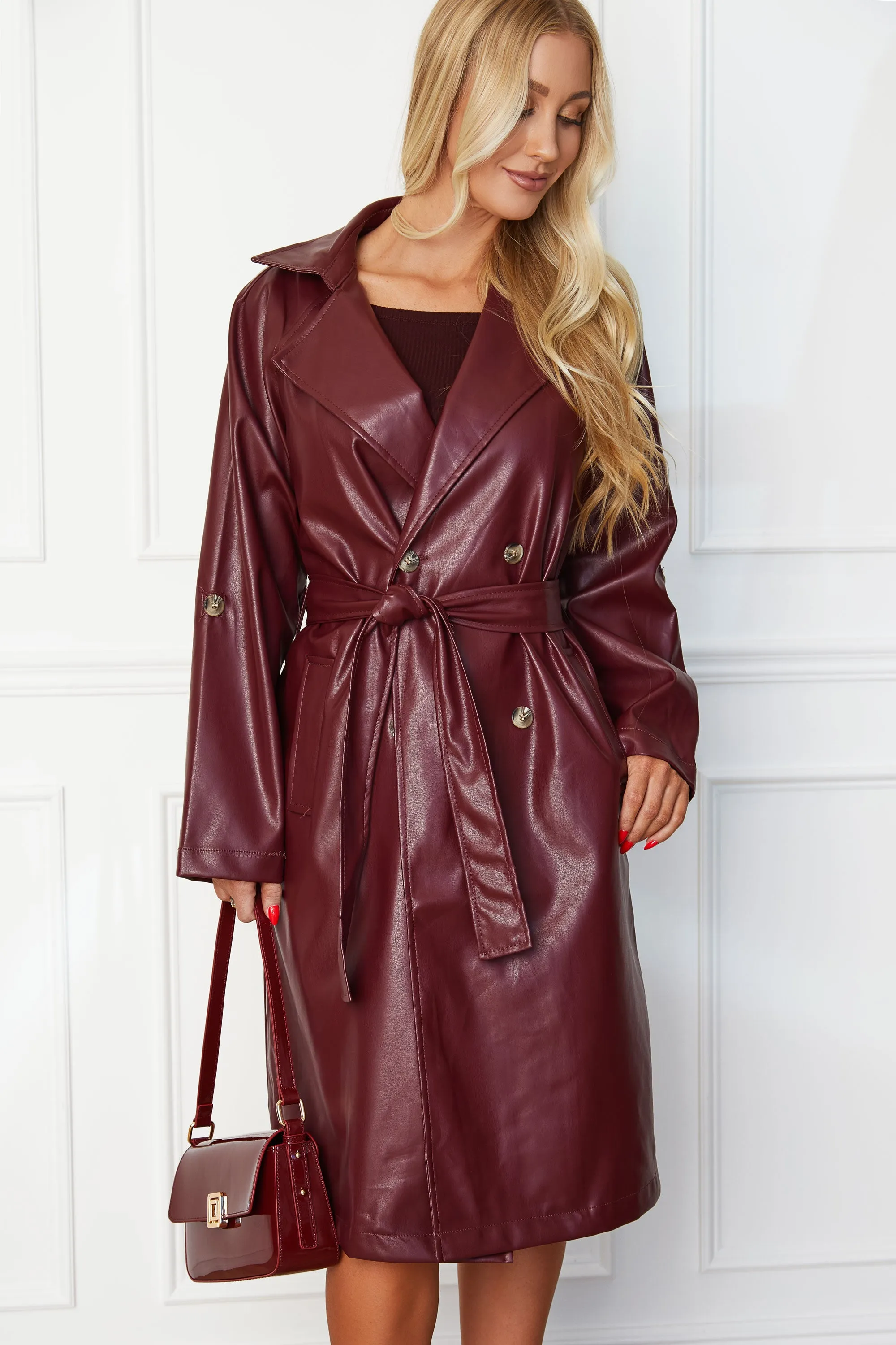 Elsa Wine Vegan Leather Trench Coat