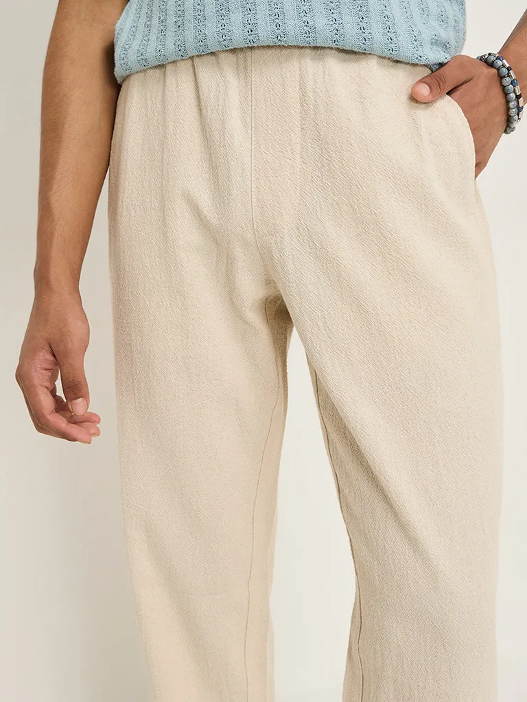 ETA Beige Self-Textured Relaxed-Fit Mid-Rise Cotton Chinos