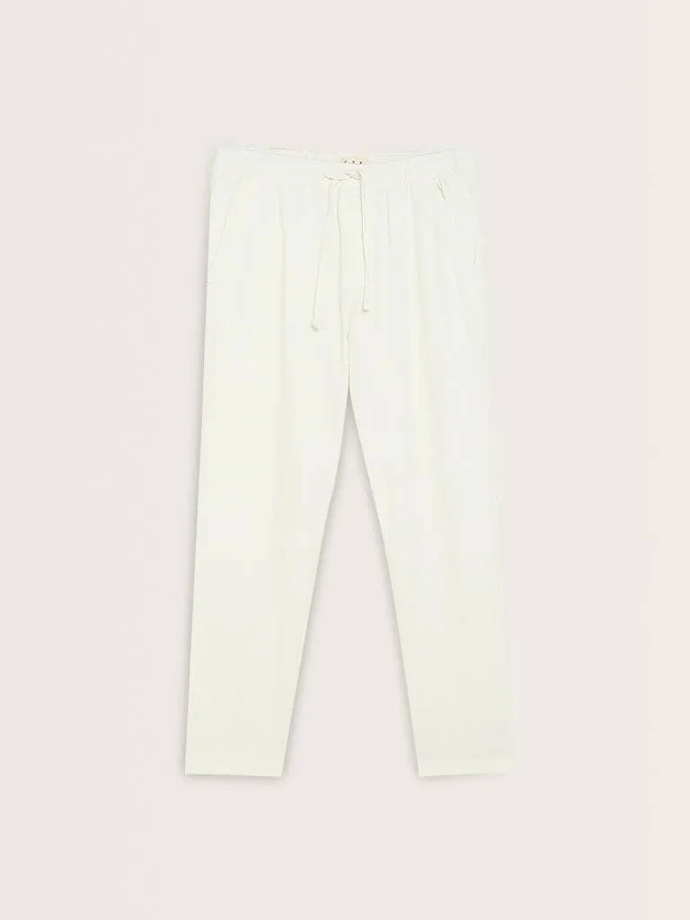 ETA White Textured Relaxed-Fit Mid-Rise Cotton Blend Chinos