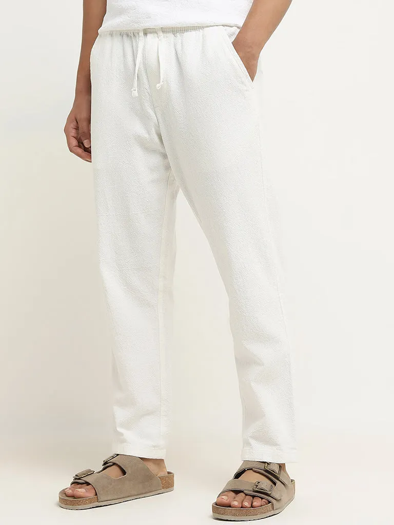 ETA White Textured Relaxed-Fit Mid-Rise Cotton Blend Chinos