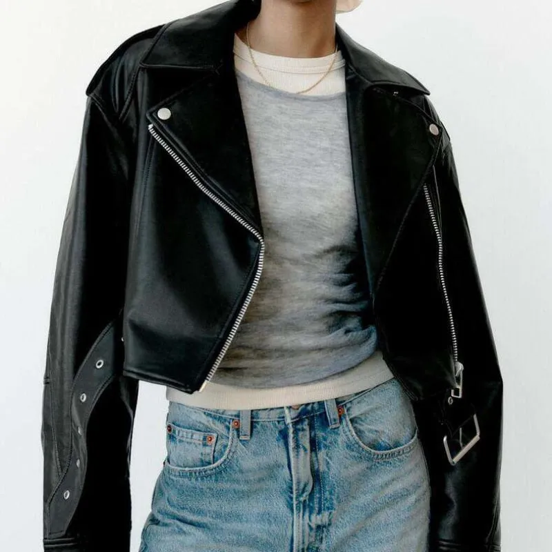 Fashion Chic Zipper Faux Leather Cropped Coat Vintage Street Women Motorcycle Jacket Female Casual PU Outerwear Tops