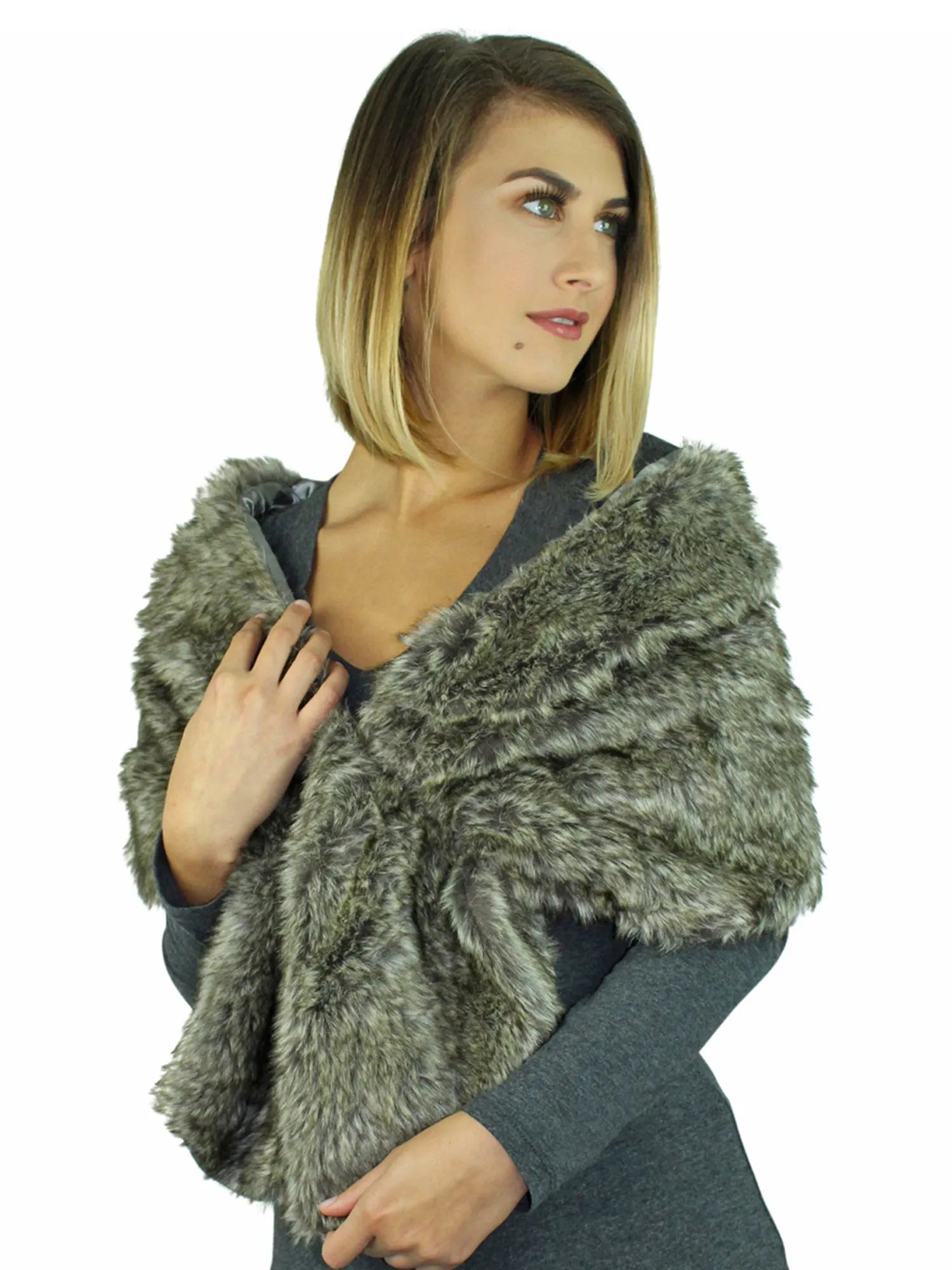 Faux Fur Plush Shawl Wrap With Satin Lining