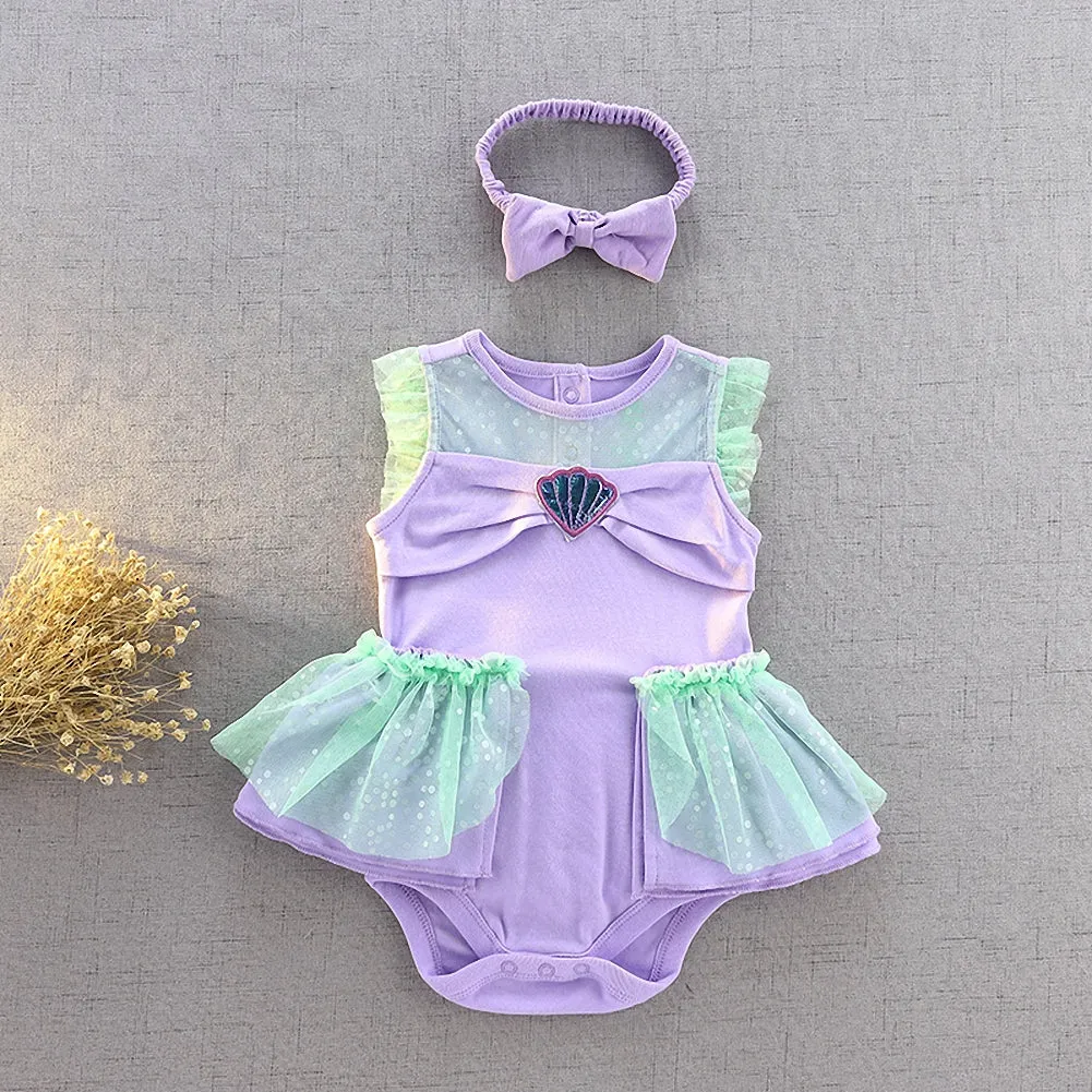 FC214 - Baby Girl Princess Mermaid Romper Costumes Onesie Dress Bodysuit with Headband