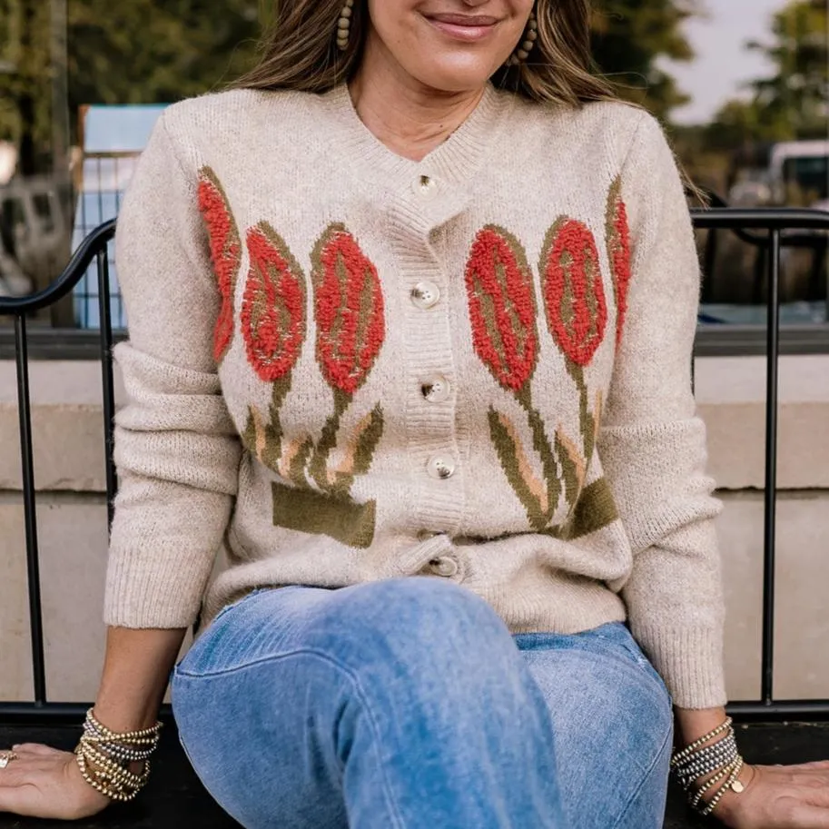 Fiona Taupe Floral Cardigan Sweater